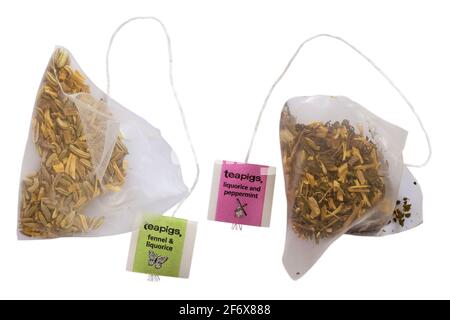 teapigs liquorice and peppermint teabag, teapigs fennel & liquorice teabag isolated on white background Stock Photo
