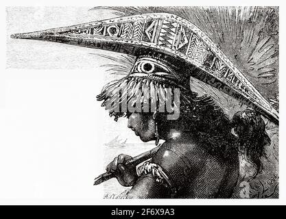 Traditional party hat made of wood from the inhabitants of Admiralty Islands, Papua New Guinea, Pacific. Old 19th century engraved illustration from El Mundo Ilustrado 1879 Stock Photo