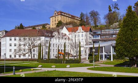 View of the Convent school of the Holy grave, the famous Caracalla Therme and the New Castle in Baden Baden. Baden Wuerttemberg, Germany, Europe Stock Photo