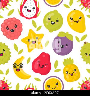 Cute smiling exotic fruits, vector seamless pattern on white background Stock Vector