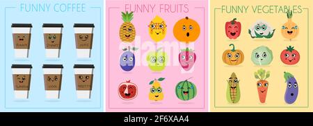 Funny cartoon character. Vector illustration. A set of flat vegetables, cups of coffee and fruits with cartoon faces. Funny characters from food. Diff Stock Vector