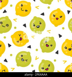 Cute smiling lemon and lime fruits, vector seamless pattern on white background Stock Vector