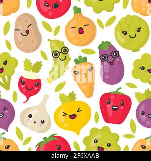 Cute smiling vegetables, vector seamless pattern on white background Stock Vector