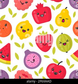 Cute smiling fruits, vector seamless pattern on white background Stock Vector