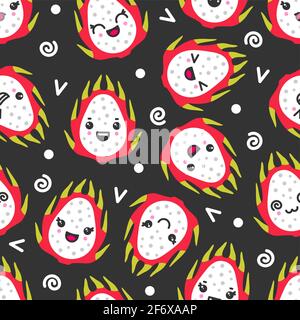Cute smiling dragon fruits, vector seamless pattern on dark background Stock Vector