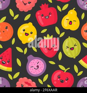 Cute smiling fruits, vector seamless pattern on dark background Stock Vector