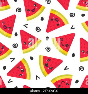 Cute smiling watermelon, vector seamless pattern on white background Stock Vector