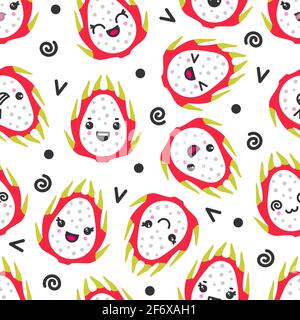 Cute smiling dragon fruits, vector seamless pattern on white background Stock Vector