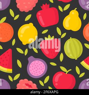 Bright fruits vector seamless pattern on dark background Stock Vector