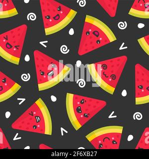 Cute smiling watermelon, vector seamless pattern on dark background Stock Vector