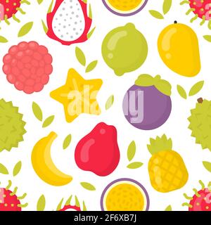 Cute exotic fruits, vector seamless pattern on white background Stock Vector
