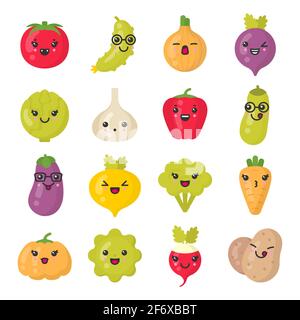 Cute smiling vegetables, isolated colorful vector icon set Stock Vector