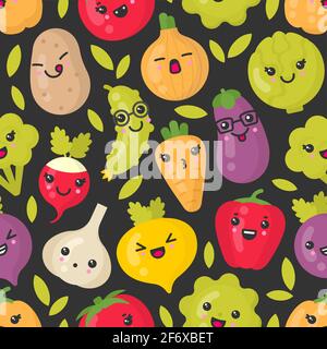 Cute smiling vegetables, vector seamless pattern on dark background Stock Vector