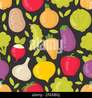 Bright vegetables vector seamless pattern on dark background Stock Vector