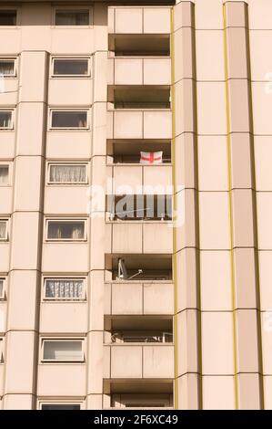 George Cross flag hanging from one of the Towers blocks, Ampthill Square Estate, the estate was re-clad in the 1980s. Its cladding was found in 2017 t Stock Photo
