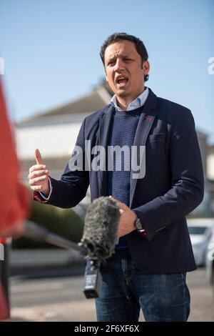 Glasgow, Scotland, UK. 3rd Apr, 2021. PICTURED: Anas Sarwar MSP. Scottish Labour Leader, Anas Sarwar MSP joins James Kelly MSP on the campaign trail in Rutherglen. Credit: Colin Fisher/Alamy Live News Stock Photo