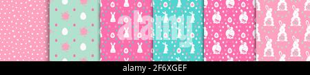 Easter seamless pattern ser. Pink turquoise colorful Easter egg vector illustration for textile, card, wrapping paper. cloth. Bunny holding Easter egg Stock Vector