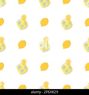 Hand drawn seamless pattern with whole lemon and lemonade. Stock Vector