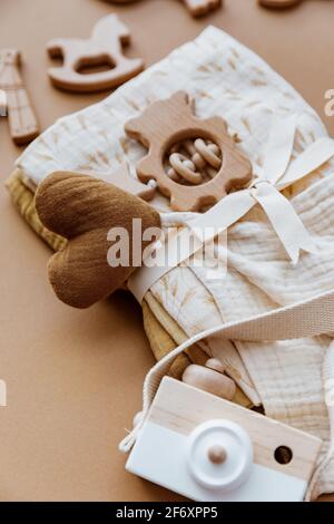 Set of toys, accessories and burping cloths for a newborn baby Stock Photo