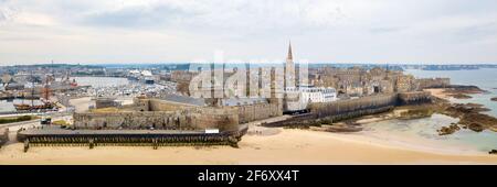 Saint-Malo, France - June 03 2020: Aerial view of the old town of Saint-Malo surrounded by the ramparts. Stock Photo