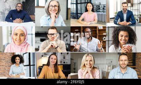 Group of diverse multinational employees discussing business strategy online, colleagues brainstorming on the distance, involved in video conference, video screen with crowd of people profiles Stock Photo