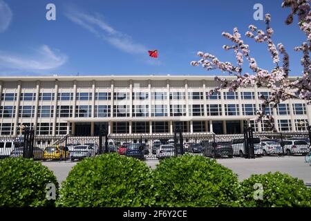 (210403) -- BEIJING, April 3, 2021 (Xinhua) -- The picture taken on April 3, 2021 shows the exterior view of Capital Gymnasium in Beijing during a figure skating test program. A 10-day ice sports test program for the 2022 Olympic and Paralympic Winter Games is held from April 1 to 10, 2021. This test program is to give a test to competition organization, venue operation, and services and safeguarding. It will engage all ice sports of Beijing 2022, namely short track speed skating, speed skating, figure skating, ice hockey, curling, para ice hockey and wheelchair curling. (Xinhua/Li Ming) Stock Photo