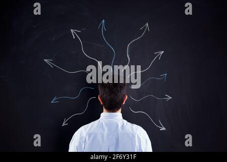 Businessman looking to a chalkboard with lots of arrows flowing from his head Stock Photo
