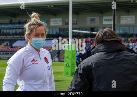 Doncaster, UK. 03rd Apr, 2021. Marlie Packer (#7 England) chatting with Katy Daley-McLean before the Womens Six Nations game between England and Scotland at Castle Park Stadium in Doncaster, England. Credit: SPP Sport Press Photo. /Alamy Live News Stock Photo