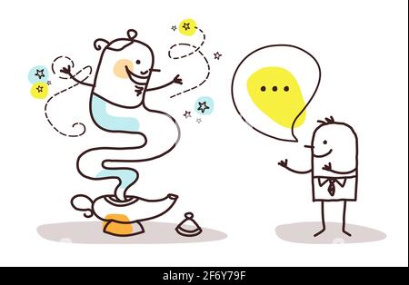 Hand drawn Cartoon Man making a Wish with the Genie of the Lamp Stock Vector