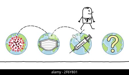 Hand drawn Cartoon Man Jumping from The Earth contaminated by the Virus, to the next stages Stock Vector