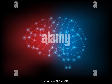 Illustration of human brain outline with line connectecd dot on blue and red background. Vector illustration. Stock Vector