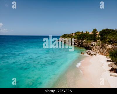 Playa Kalki Curacao tropical Island in the Caribbean sea, Aerial view over beach Playa Kalki on the western side of Curacao Caribbean Dutch Antilles azure ocean Stock Photo