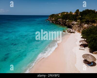 Playa Kalki Curacao tropical Island in the Caribbean sea, Aerial view over beach Playa Kalki on the western side of Curacao Caribbean Dutch Antilles azure ocean Stock Photo