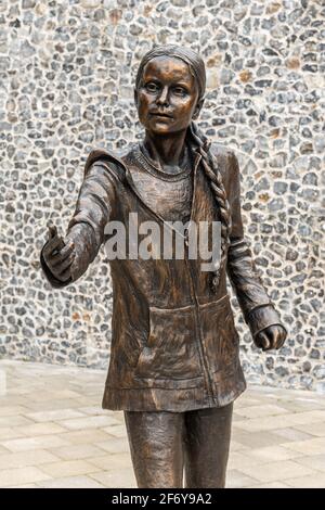 Greta Thunberg statue at Winchester University West Downs Campus, Hampshire, UK. Sculpture of the environmentalist activist by Christine Charlesworth. Stock Photo