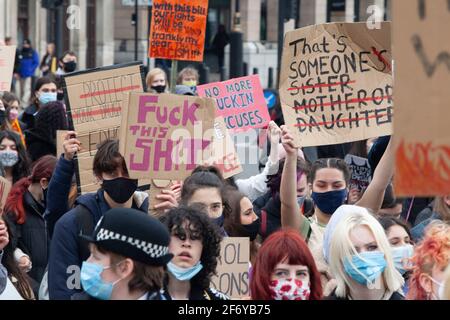 London, UK, 3 April 2021: One month exactly after the abduction and murder of Sarah Everard, a peaceful and socially-distance protest took place in London, called the 97% March after the percentage of women recently surveyed to have been sexually harrassed, assaulted or raped. Walking from Trafalgar Square, down Whitehall, to Parliament Square, protestors called for cultural change to end male violence against women. Anna Watson/Alamy Live News Stock Photo