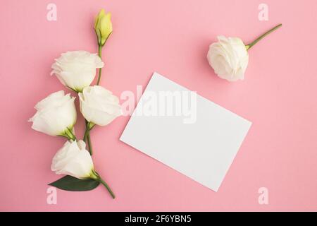 Empty white paper for text and beautiful white flowers on the pink  background top view copy space. Stock Photo
