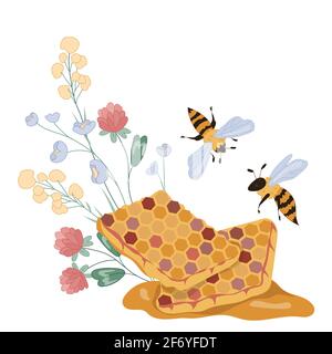 Honeycomb with flying above it bees and flowers, flat vector illustration isolated on white background. Honeybees and honey in combs. Image for honey Stock Vector