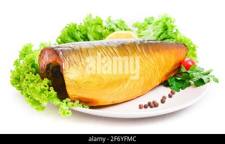Appetizing smoked fish isolated on a platter Stock Photo