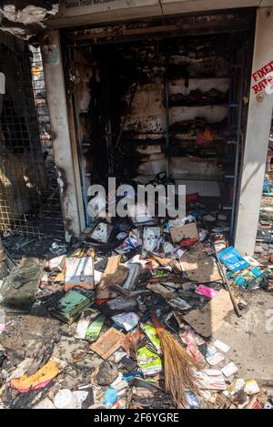 Mumbai , India - 30 March 2021, The undergarments shop at Goregaon that was completely gutted in the fire in Mumbai Maharashtra India Stock Photo