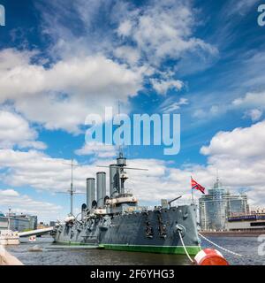 ST. PETERSBURG, RUSSIA - MAY 30, 2017: The legendary cruiser Aurora is a monument to the revolution in St. Petersburg, Russia Stock Photo