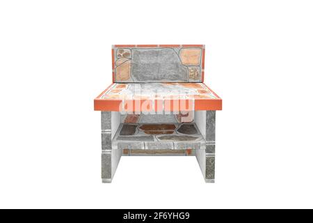 Small stone gray worktop with Shelf, unused Stone garden summer countertop isolated on a white background. Stock Photo