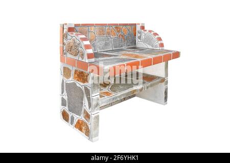 Large stone gray worktop with Shelf, unused Stone garden summer countertop isolated on a white background. Stock Photo