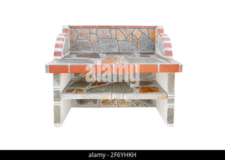 Large stone gray worktop with Shelf, unused Stone garden summer countertop isolated on a white background. Stock Photo