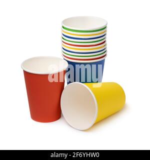 Stack of colorful empty paper cups isolated on white background Stock Photo