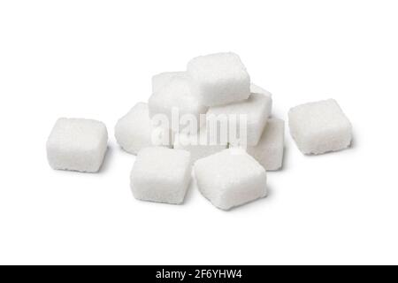 Heap of white sugar cubes isolated on white background Stock Photo