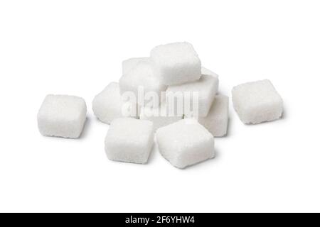 Heap of white sugar cubes isolated on white background Stock Photo