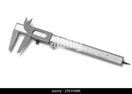 Single simple old metal caliper isolated on white background Stock Photo