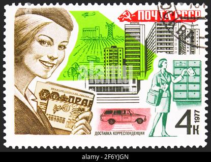 MOSCOW, RUSSIA - JANUARY 11, 2021: Postage stamp printed in USSR (Russia) shows Postal Delivery, Postal service serie, circa 1977 Stock Photo