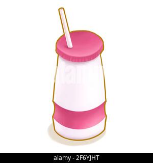 Strawberry yoghurt drink, a digital painting of blank plastic bottle with pink label of dairy milk yoghurt beverage isometric cartoon icon raster 3D i Stock Photo