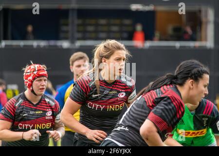 London, UK. 27th Mar, 2021. Sophie de Goede (#4 Saracens Women) at a lineout during the Allianz Premier 15s game between Saracens Women and Harlequins Women at StoneX Stadium in London, England. Credit: SPP Sport Press Photo. /Alamy Live News Stock Photo